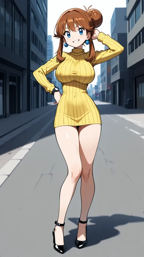 adult older sister, Tall, big boobs, left hand on hips, bare hands, Yellow Long Sleeves Vertical Striped Sweater, thighs, Beautiful legs, Beautiful legs, black high heels, ((top quality)), ((masterpiece)), ((details)), slim sexy body that can be licked by ...