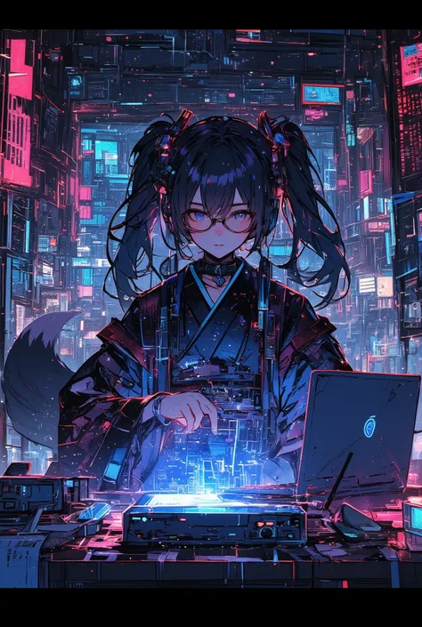 cyberbunk computer hacker nerd girl, pretty, glasses, poufy twin tails, elaborate shrine robes, traditional shinto shrine setting, intricate antique wooden shrine background, kitsune, open computer laptop, router, glowing neon light, holographic interface,...