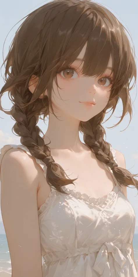best quality, masterpiece, ultra detailed, atnr, SagawaStyle, 748cmstyle, 1girl, small breast, sweet, overly detailed pupils, brown eyes, upper body, brown hair, braids, wind, sundress, light smile, entire body