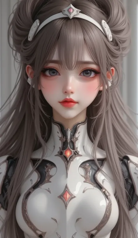 masterpiece, best image quality , 4K, Mecha, headband on top of head , long hair, ash grey hair, cyberpunk,Shrine maiden, Achieve depth of field, blurry background,