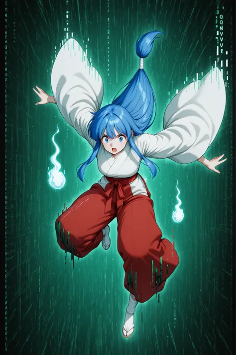 okinu-chan, blue hair, sidelocks, long hair, low-tied long hair, hitodama, japanese clothes, wide sleeves, red hakama, mile, open mouth,  masterpiece, best quality, sensitive, 1girl, solo, facing the camera,detail face and eyes, detailed face,detailed eyes...