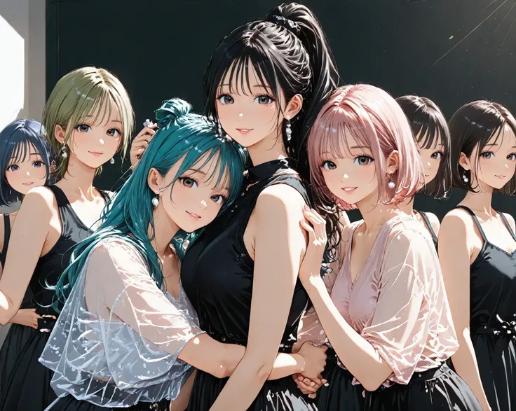 ((5girls:1.5)) ,(distant view),hold hand, hug each other tight ,long hair,high ponytail,short bob hair, bun hair,looking viewer,black Hair, blond hair,green hair,pink hair,blue hair,((glamorous)), black tank top,mini black skirt, clear makeup, sing with a ...