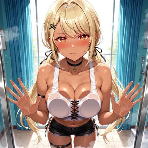 solo,masterpiece,best quality, masterpiece, Super detailed,High resolution,Extremely detailed CG,QpiCos1 dark skinned female, orange eyes, blonde hair, long hair, low twintail, hair ribbon, hairclip, choker, white shirt, midriff, black shorts, thigh strap,...