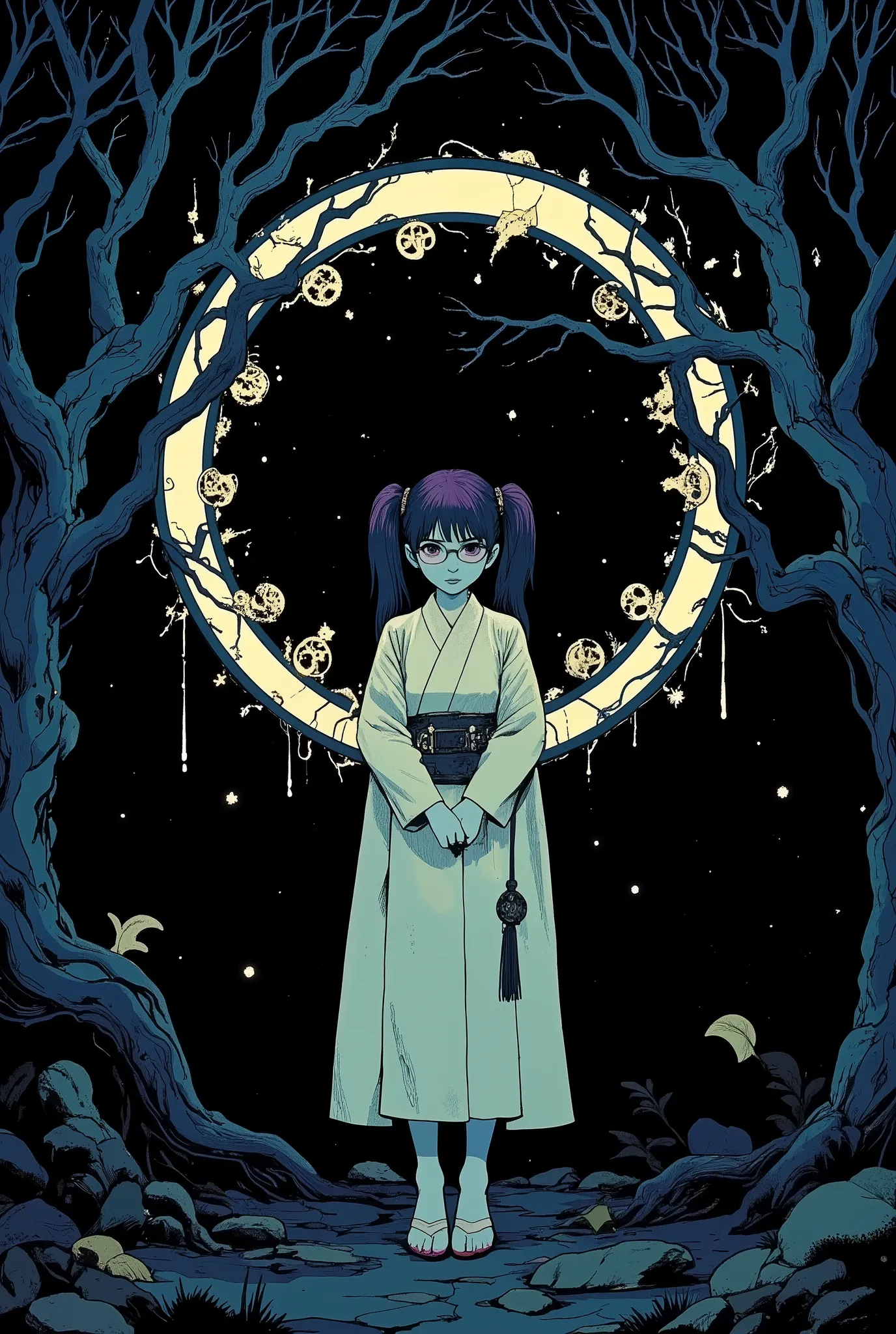 (Tarot card: 1.0), Cyberpunk hacker nerd girl in priest's robes standing in dark forest, Japanese girl, violet eyes、glasses, poufy twin tails、encircling tree々Vines、Multiple cyber symbols floating around、一貫して pattern化された作品、Projected Shadows、 minimalism、Bril...