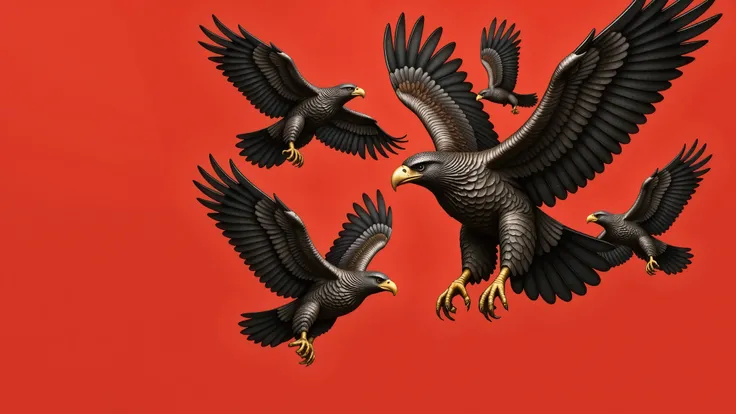 A realistic image depicting a dramatic scene of several eagles soaring across a vivid red sky. Each eagle has metallic iron feathers that shimmer with a dull gray sheen, and powerful bronze beaks gleaming with a golden undertone. Their wings are spread wid...