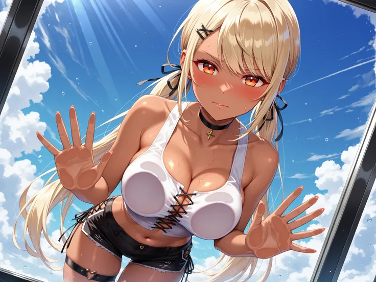 solo,masterpiece,best quality, masterpiece, Super detailed,High resolution,Extremely detailed CG,QpiCos1 dark skinned female, orange eyes, blonde hair, long hair, low twintail, hair ribbon, hairclip, choker, white shirt, midriff, black shorts, thigh strap,...