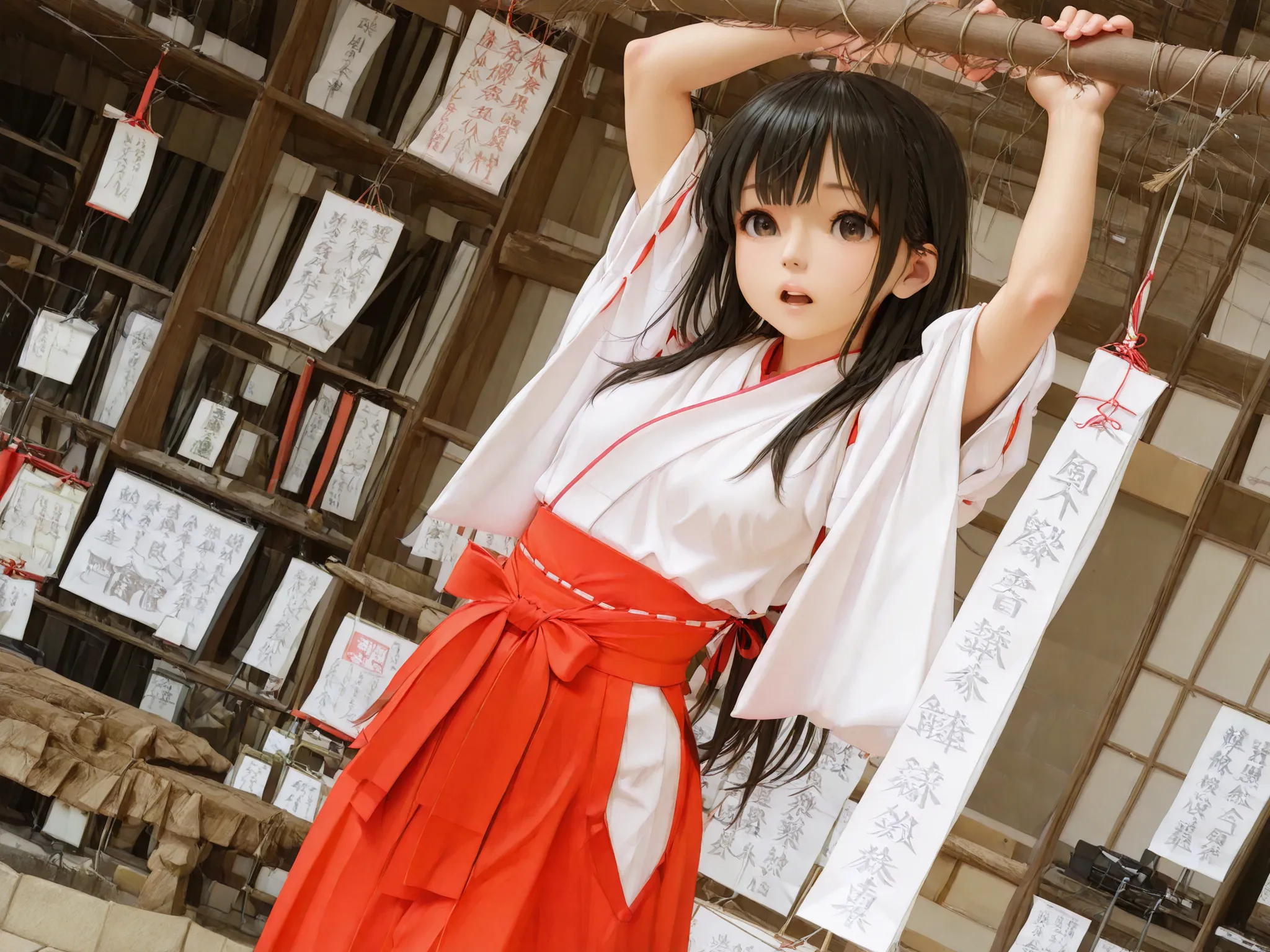 miko outfit,A woman dressed as a shrine maiden　long black hair　make your whole body visible　The hakama is being rolled up in a big way　Keep the white kimono underneath