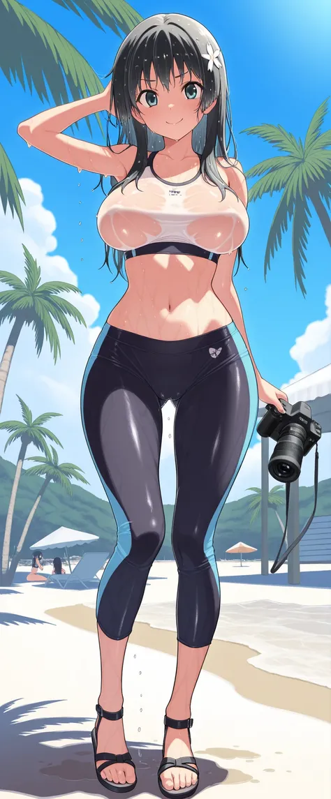 (masterpiece), top quality, , perfect face,,dawn,,big boobs,wide hips, thin waist, ( sexy ),sports bra,spats ,middle hair, salon,Heeled Sandals,  Nice_feet,,Smile Yang,Swimsuit Model,standing, feetを開いて,((Wet Hair,wet body)),EXCITING,Pose for the camera, be...