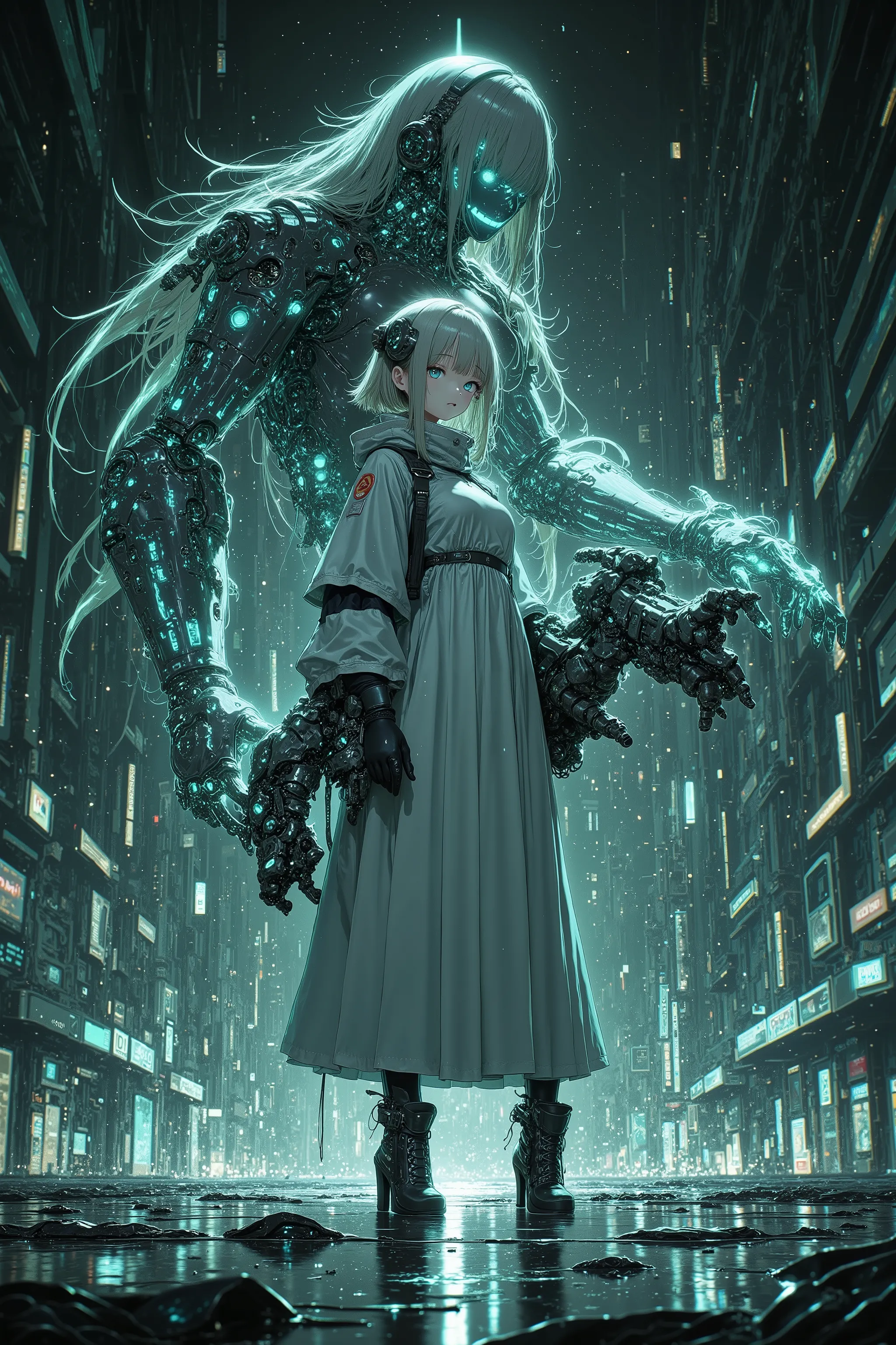Cyber Priestess、Future Priestesses Manipulating Technology and Magic、white costume、(((Dynamic Poses)、dynamic figure、Fierce Battle Scene))、fighting a giant monster、Fierce battles with giant monsters、Beautiful Faces、Highly Advanced Devices、Shining Energy Arm...