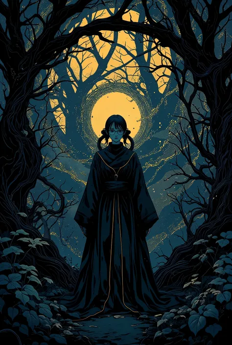 (Tarot card: 1.0), Cyberpunk hacker nerd girl in priest's robes standing in dark forest, Japanese girl, violet eyes、glasses, poufy twin tails、encircling tree々Vines、Multiple fragmented computer code symbols floating around、一貫して pattern化された作品、Projected Shado...