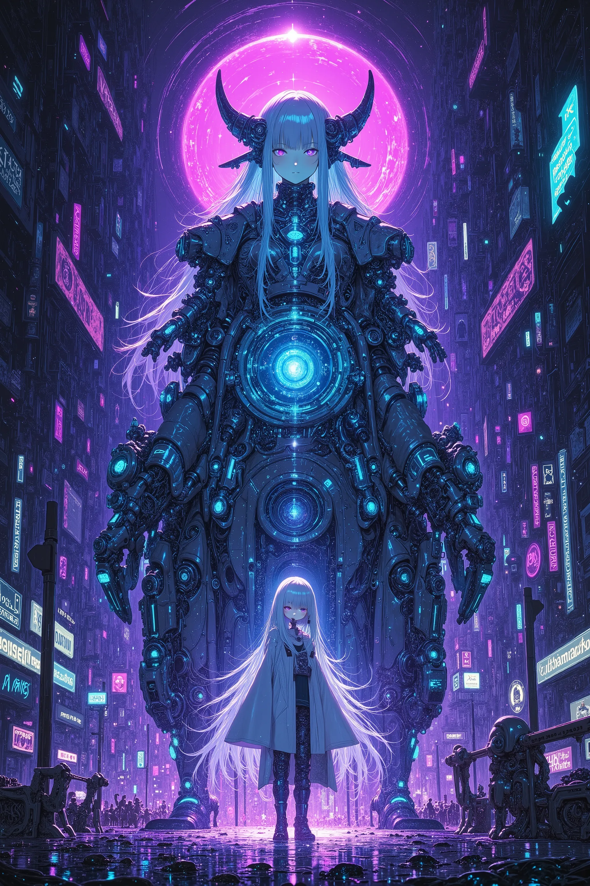 Cyber Priestess、Future Priestesses Manipulating Technology and Magic、white costume、(((Dynamic Poses)、dynamic figure、Fierce Battle Scene))、(fighting a giant monster)、Fierce battles with giant monsters、Beautiful Faces、Highly Advanced Devices、Shining Energy A...