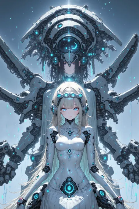 Cyber Priestess、Future Priestesses Manipulating Technology and Magic、white costume、(((Dynamic Poses)、dynamic figure、Fierce Battle Scene))、(fighting a giant monster)、Fierce battles with giant monsters、Beautiful Faces、Highly Advanced Devices、Shining Energy A...