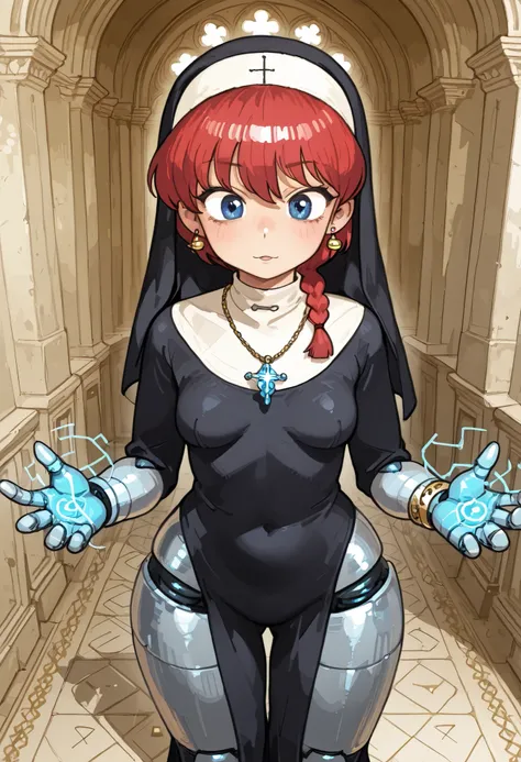 Ranma Saotome. red hair. blue eyes. braid. small breasts. wide hips. necklace. black eyeliner. pink manicure. | necklace, earrings, rings, bracelets. Photorealistic image of a mechanical android nun standing in a dimly lit chapel; her robotic body composed...