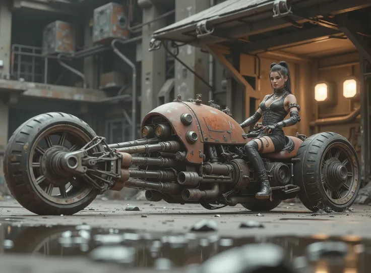 The image shows a futuristic setting with a woman sitting on a uniquely designed motorcycle that embodies a steampunk or post-apocalyptic aesthetic. The motorcycle is sturdy, with a mix of exposed mechanical components, are evident such as large barrels an...