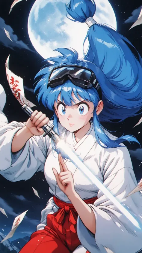 An ultra-realistic, 4k, 8k, HDR image fokinu-chan, blue eyes, blue hair, sidelocks, long hair, low-tied long hair, hitodama, japanese clothes, wide sleeves, red hakama,。(cowboy  shot:1.2), (face close-up:1.2). 1girl, solo,night,,moon,floating,flying,(weari...