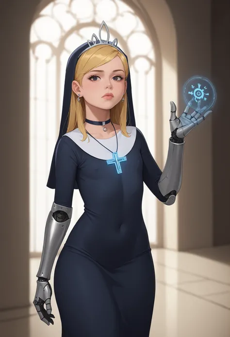 flat breasts. flat chest, skinny, huge hips, looking at viewer, 1o1a, blonde hair, tiara, Black eyes, earrings, necklace, choker. | necklace, earrings, rings, bracelets. Photorealistic image of a mechanical android nun standing in a dimly lit chapel; her r...