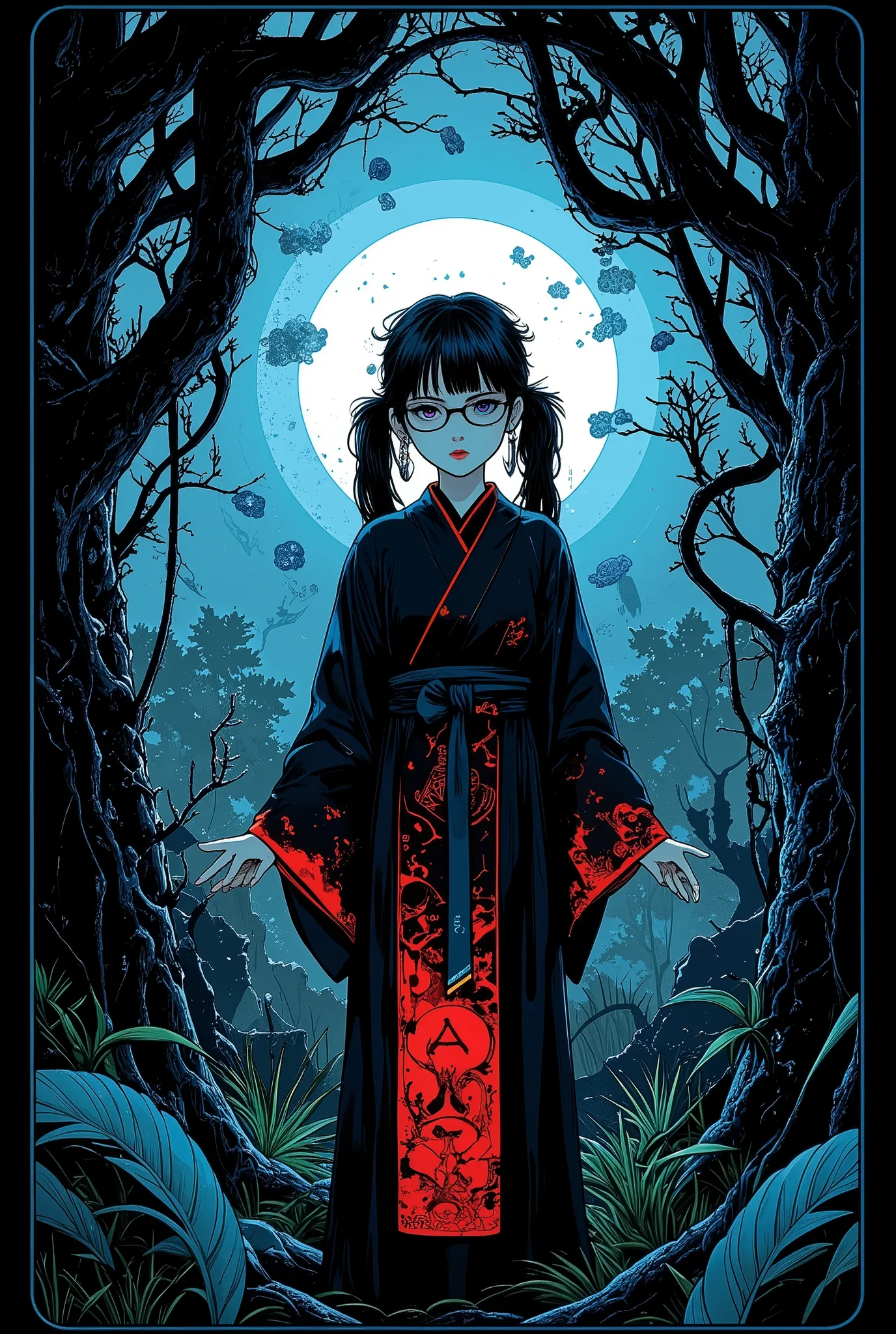 (Tarot card: 1.0), Cyberpunk hacker nerd girl in priest's robes standing in dark forest, Japanese girl, violet eyes、glasses, poufy twin tails、encircling tree々Vines、Multiple symbols and strings of binary computer code floating around、一貫して pattern化された作品、Proj...