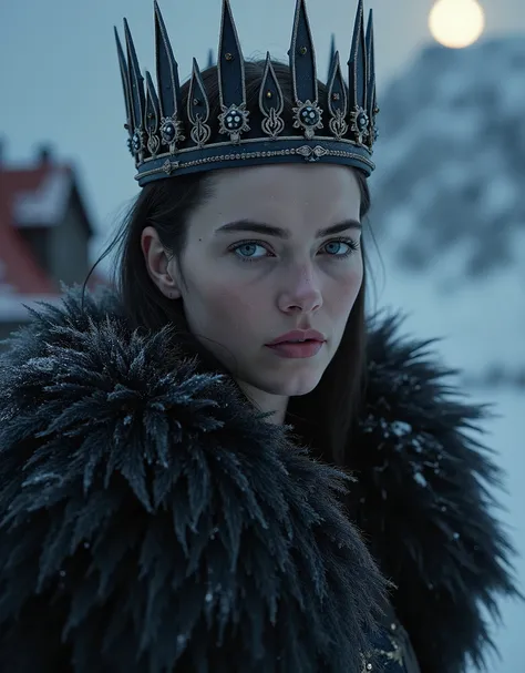 close up on the face of dark queen of a nordic medieval citadel on a snowy mountain, dark clothing, imposing crown, detailed portrait, regal posture, piercing gaze, ornate crown, intricate fur-lined cloak, snow-covered peaks, moonlit night sky, dramatic li...