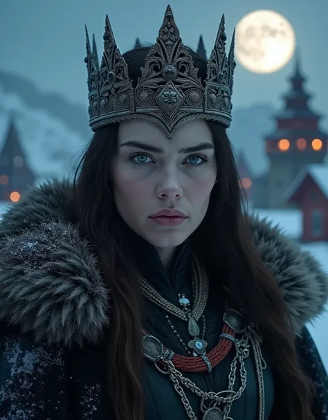 close up on the face of dark queen of a nordic medieval citadel on a snowy mountain, dark clothing, imposing crown, detailed portrait, regal posture, piercing gaze, ornate crown, intricate fur-lined cloak, snow-covered peaks, moonlit night sky, dramatic li...