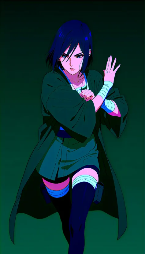 (((IZUMI NASE)))) walking confidently through a war field. The art style should closely match that of Naruto or similar shounen anime, with clean linework and soft shading. ((Solo)) haori with layered leg accessories (bandages, thigh pouch, dark ninja stoc...