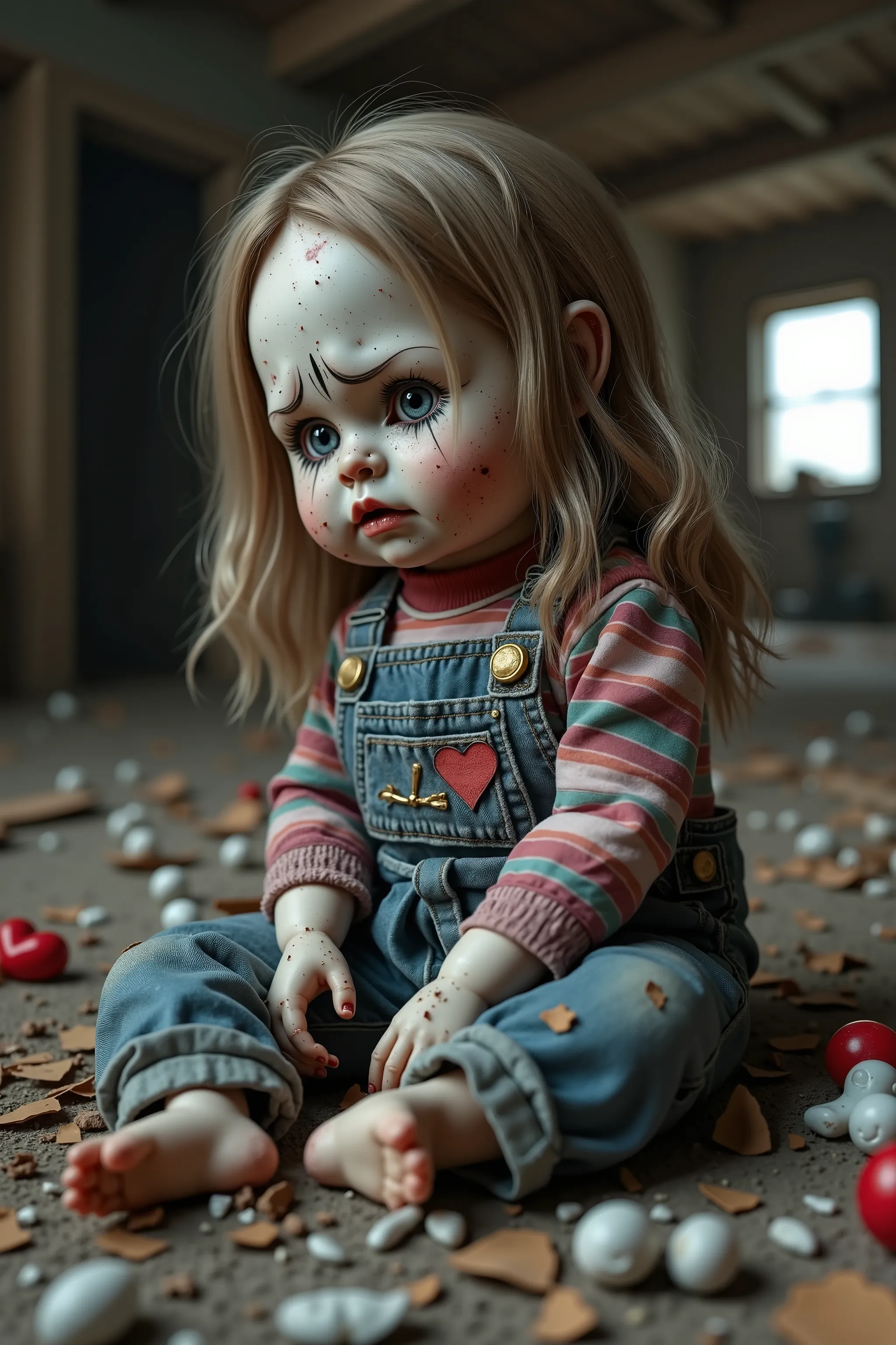 Ultra-realistic, A filthy doll looks sad as it sits amongst broken toys in what's left of a half demolished home