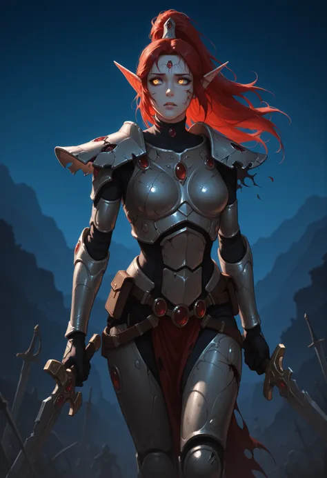 outdoors, eldar
1girl, solo,  aeldari-il, armor, torn clothes, broken armor, holding side, sword, bloody, masterpiece, best quality, dark, night, night time, dim lighting, perfect eyes,