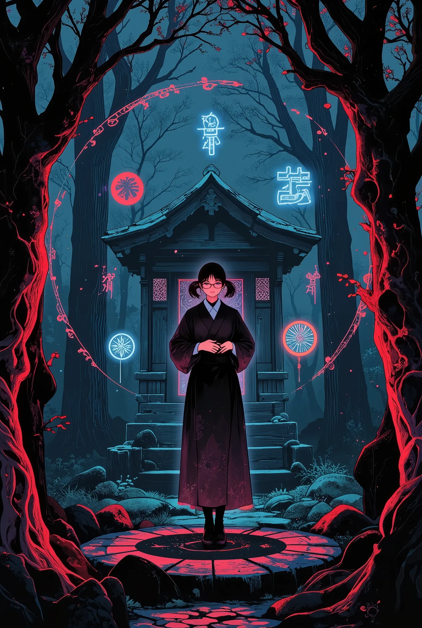 (Tarot card: 1.0), Cyberpunk hacker nerd girl in priest's robes standing in dark forest, Japanese girl, violet eyes、glasses, poufy twin tails、encircling tree々Vines、Multiple symbols floating around、一貫して pattern化された作品、In the center background is a translucen...