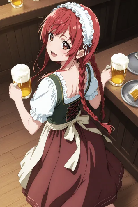 1 girl,solo,beautiful girl,cute,kawaii,brown eyes,red hair,long hair,braids,masterpiece,general,highres, ultra-detailed,very aesthetic,best quality ,best hands,best eyes,perfect anatomy,anime coloring,newest,easynegative,BREAK,dirndl,dirndl headdress,smile,open mouth,serving,beer,mug,walking,dynamic motion,whole body,from above,back view,