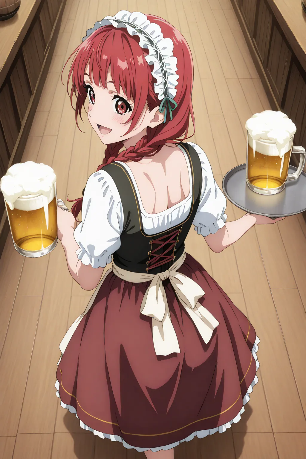 1 girl,solo,beautiful girl,cute,kawaii,brown eyes,red hair,long hair,braids,masterpiece,general,highres, ultra-detailed,very aesthetic,best quality ,best hands,best eyes,perfect anatomy,anime coloring,newest,easynegative,BREAK,dirndl,dirndl headdress,smile,open mouth,serving,beer,mug,walking,dynamic motion,whole body,from above,back view,