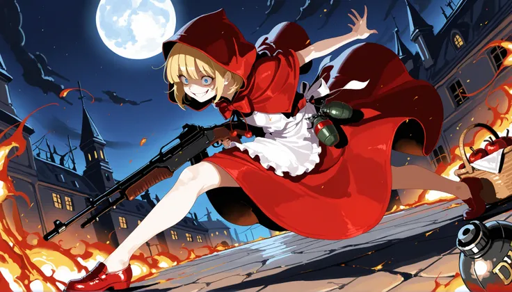 masterpiece, 1girl, best quality, amazing quality, very aesthetic, basket, apples, fruits, absurdres, red dress, exposed legs, blue eyes, B.B Hood, blonde hair, white apron, bangs, 1girl, red hooded cloak, red shoes, crazy eyes. crazy smile, moon, dark cas...