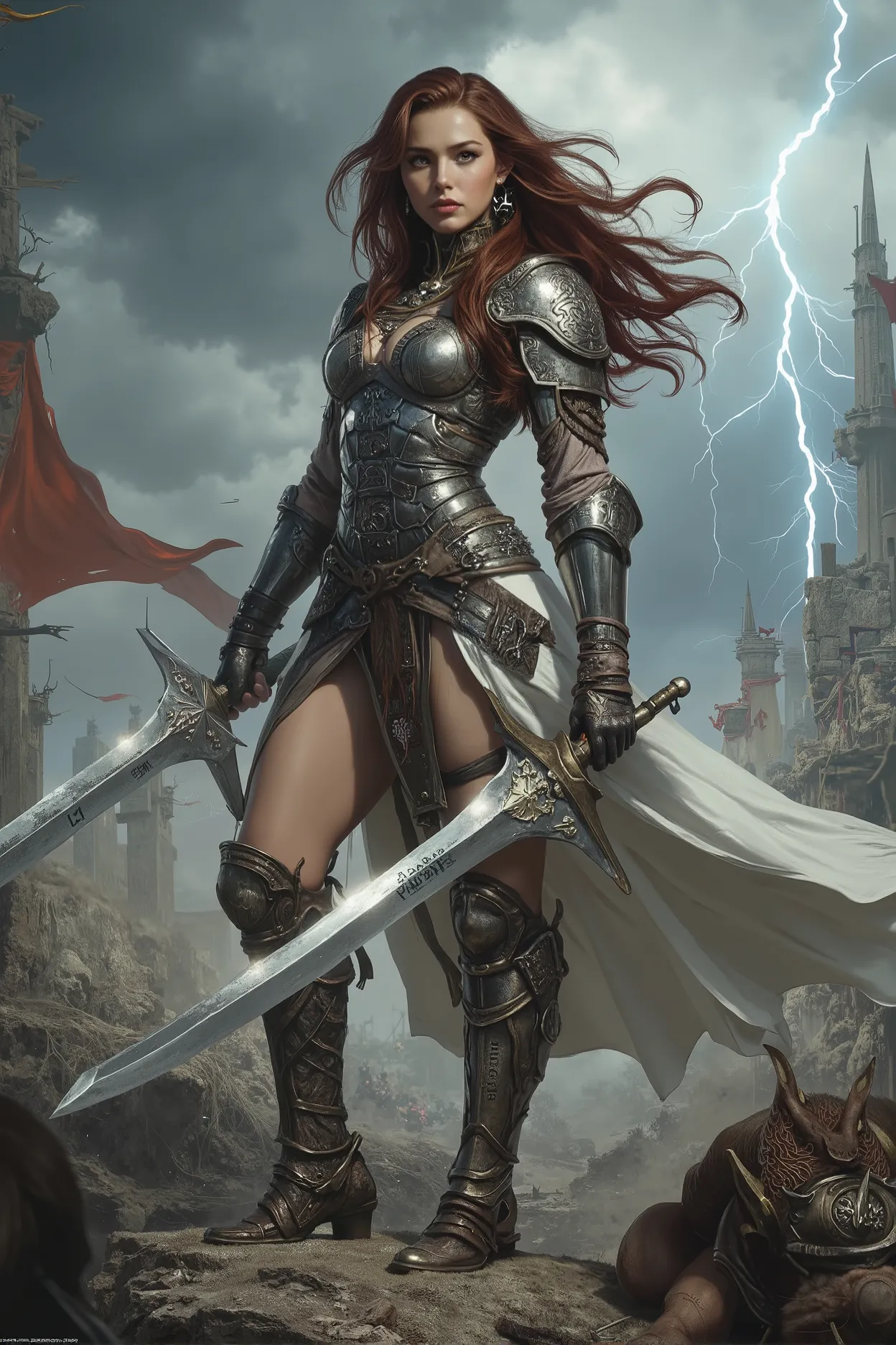 (best quality,4k,8k,highres,masterpiece:1.2), ultra-detailed, (realistic,photorealistic,photo-realistic:1.37),A powerful and fearless female warrior standing amidst a battlefield under stormy skies. Her silver armor is adorned with ancient runes and dragon...