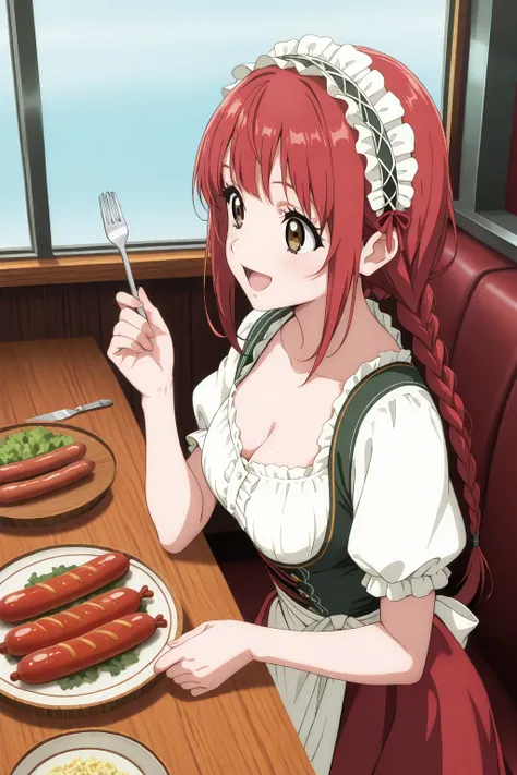 1 girl,solo,beautiful girl,cute,kawaii,brown eyes,red hair,long hair,braids,masterpiece,general,highres, ultra-detailed,very aesthetic,best quality ,best hands,best eyes,perfect anatomy,anime coloring,newest,easynegative,BREAK,dirndl,dirndl headdress,cute,kawaii,smile,open mouth,Bar, diner, wooden table,wooden plate,sausage,fork,knife,from above,side view,