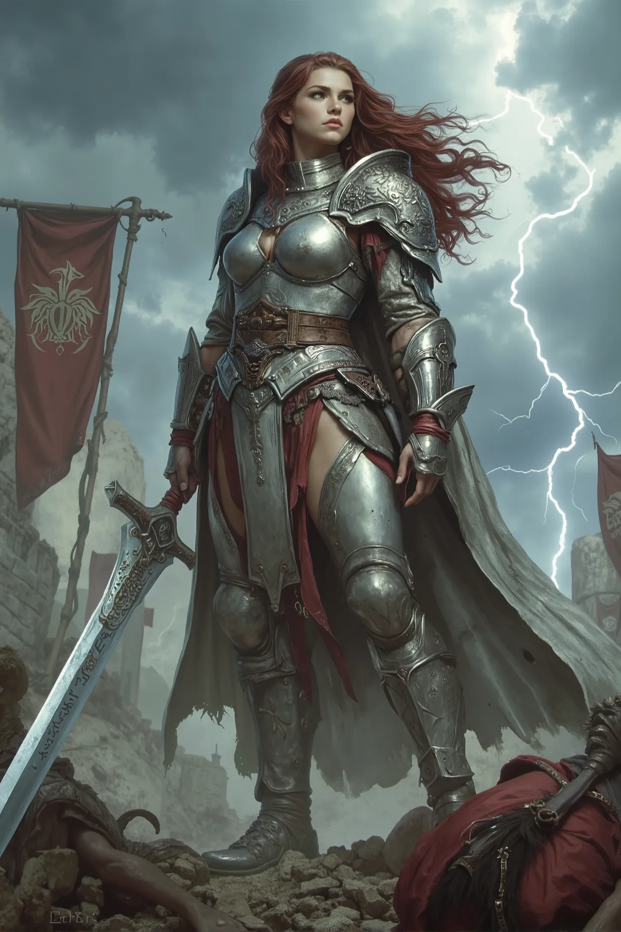 (best quality,4k,8k,highres,masterpiece:1.2), ultra-detailed, (realistic,photorealistic,photo-realistic:1.37),A powerful and fearless female warrior standing amidst a battlefield under stormy skies. Her silver armor is adorned with ancient runes and dragon...