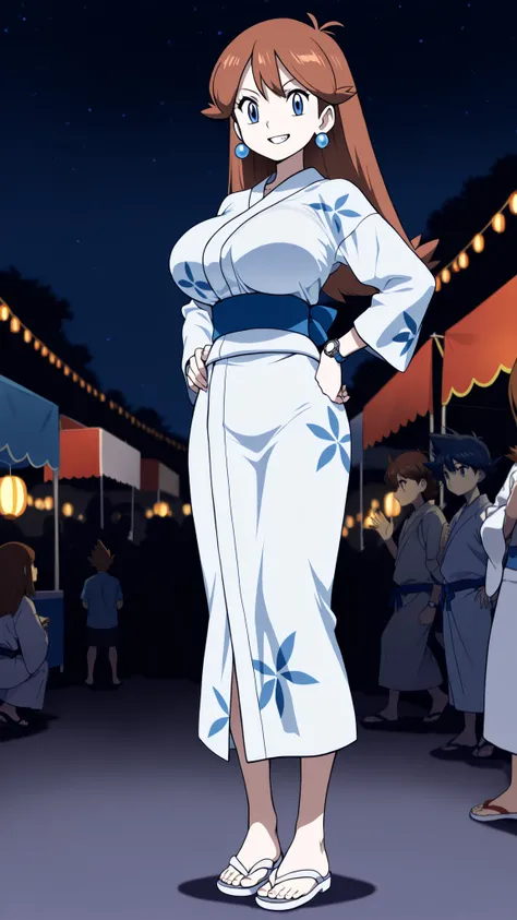 adult older sister, Tall, big boobs, jam one's hands on one's hips, white long sleeve long yukata, Blue belt, White Sandals, ((top quality)), ((masterpiece)), ((details)), slim sexy body that can be licked by mobs, standing, 1girl, two legs, two arms, oran...