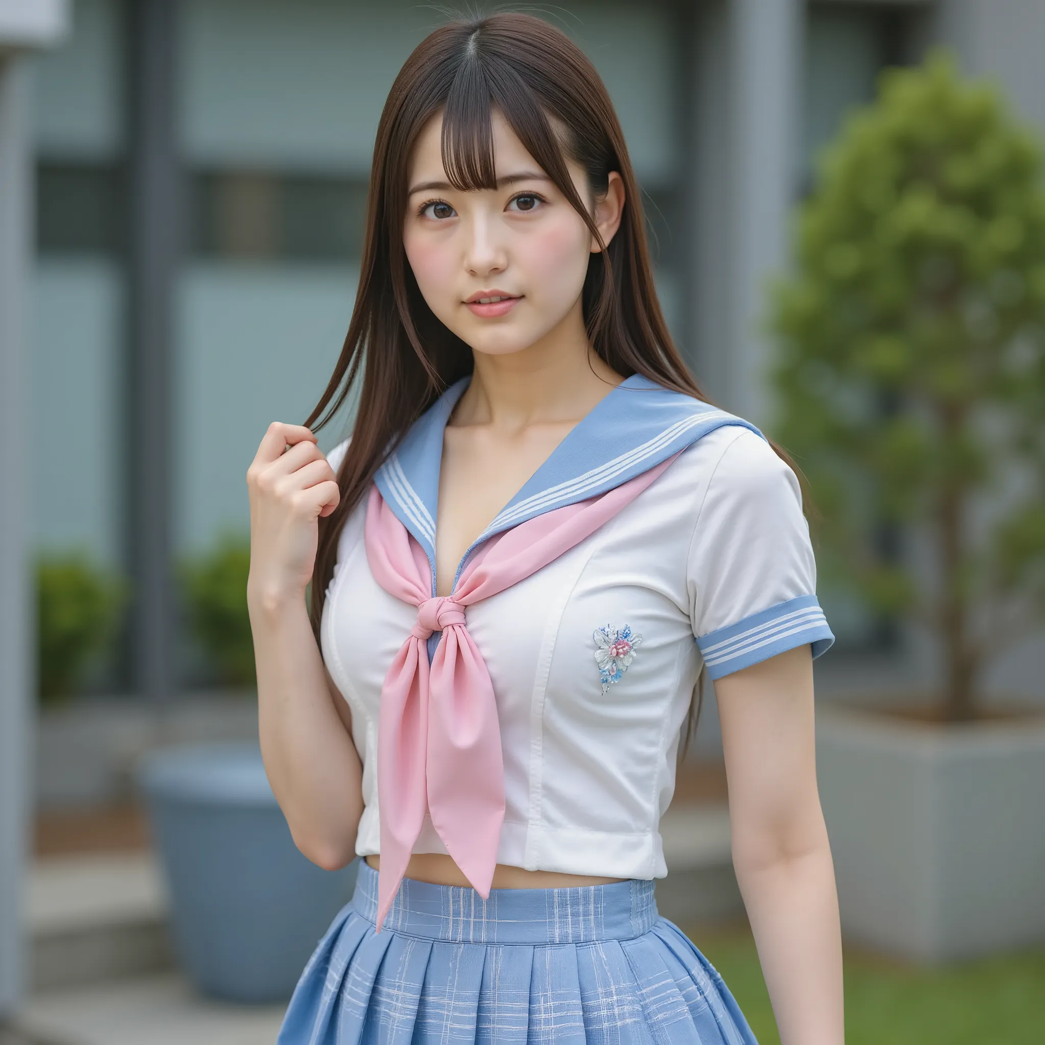 ultra high precision､top quality, highest masterpiece, beautiful slender Japanese woman's 1girl, solo, long hair, stupid hair, brown hair, purple eyes, f-cup chest, sailor suit､ white shirt, pink neckerchief, Blue Check Pleated Mini Skirt, Slim midsection、...