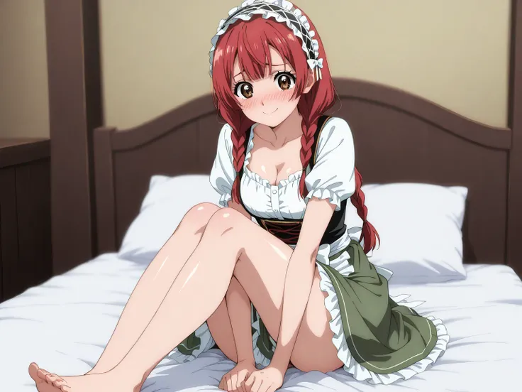 1 girl,solo,beautiful girl,cute,kawaii,brown eyes,red hair,long hair,braids,masterpiece,general,highres, ultra-detailed,very aesthetic,best quality ,best hands,best eyes,perfect anatomy,anime coloring,newest,easynegative,BREAK,dirndl,dirndl headdress,cute,kawaii,smile,embarrassed,sitting on bed,barefoot,shiny skin,watery eyes,