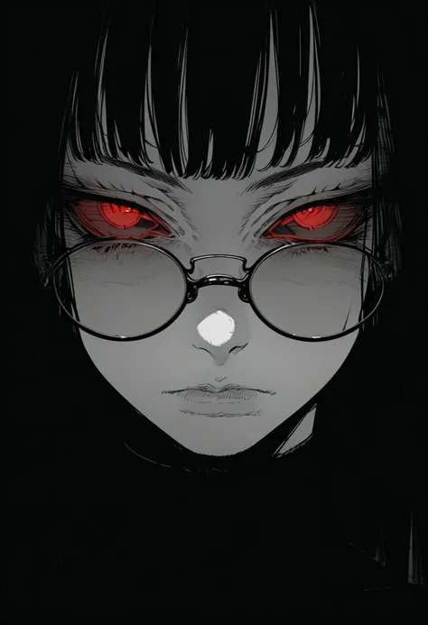 score_9, score_8_up, score_7_up, flat color, gthan, gothic, 1girl, solo, glasses, red eyes, spot color, closed mouth, colored sclera, monochrome, black sclera, bangs, looking at viewer, round eyewear, portrait, eye focus, black hair, greyscale, simple background