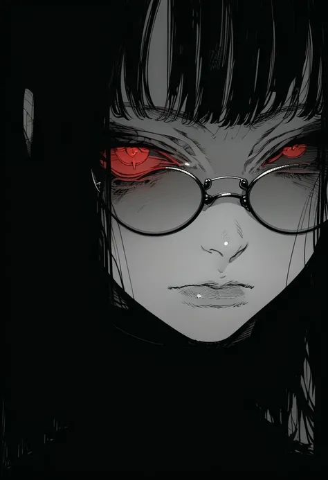 score_9, score_8_up, score_7_up, flat color, gthan, gothic, 1girl, solo, glasses, red eyes, spot color, closed mouth, colored sclera, monochrome, black sclera, bangs, looking at viewer, round eyewear, portrait, eye focus, black hair, greyscale, simple background