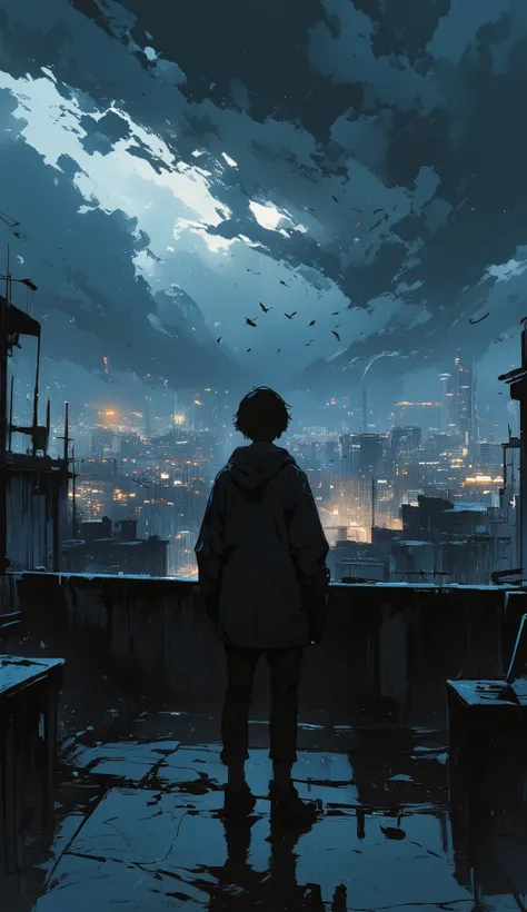 The image depicts a person standing on a balcony, facing a dramatic and dark sky filled with heavy clouds and rain. The person is silhouetted against the backdrop, creating a striking contrast between the dark figure and the illuminated cityscape in the di...