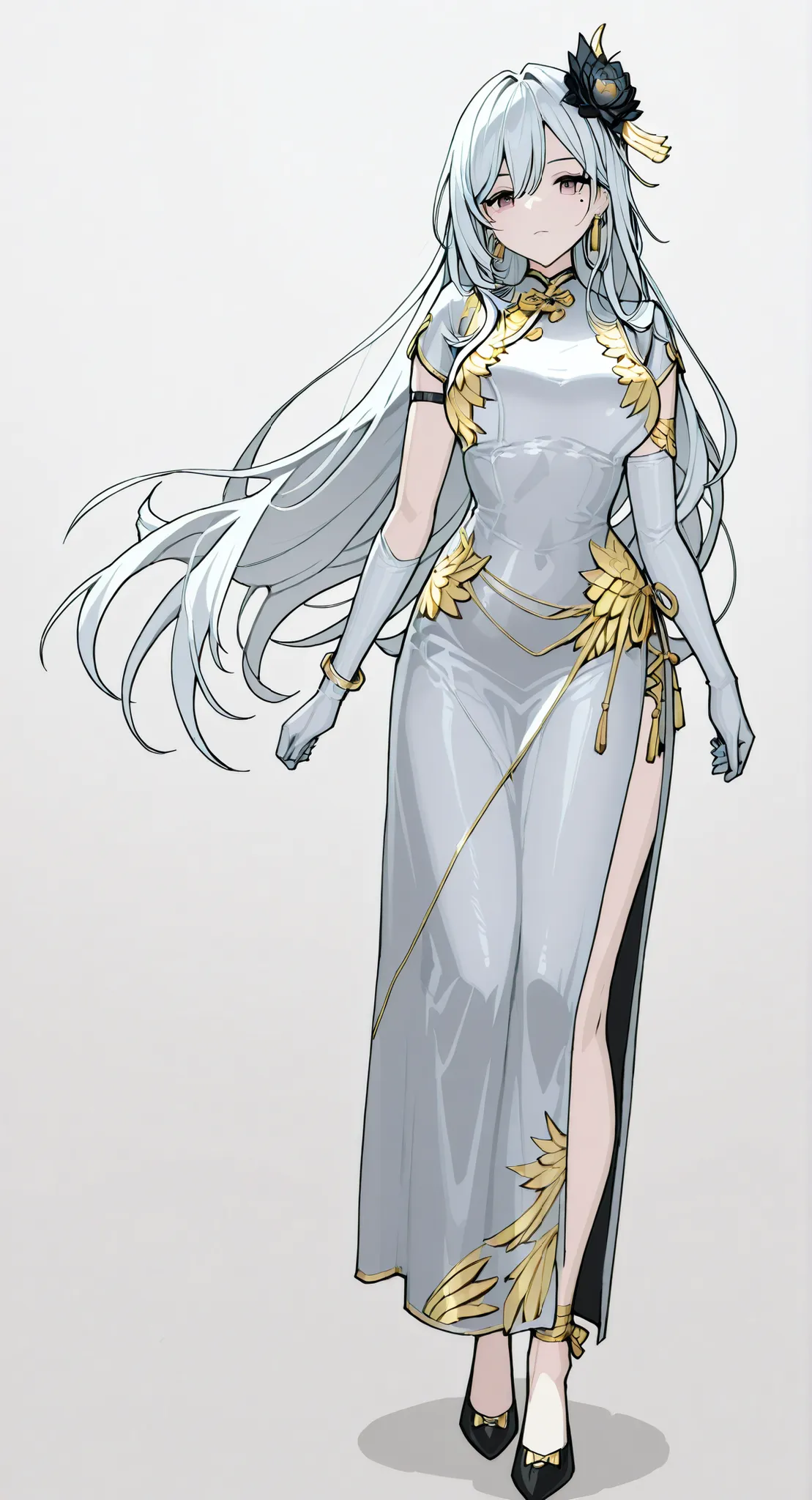 mole under eye、Armlet for left arm、bracelet for right wrist、China Dress,anime girl Picture of a woman with long white hair and a flower in her hair, gray hairの deity, Anime Goddess, gray hairの, gray hairの lady, gray hair, Zodiac Knight Portrait Girl, Haise...