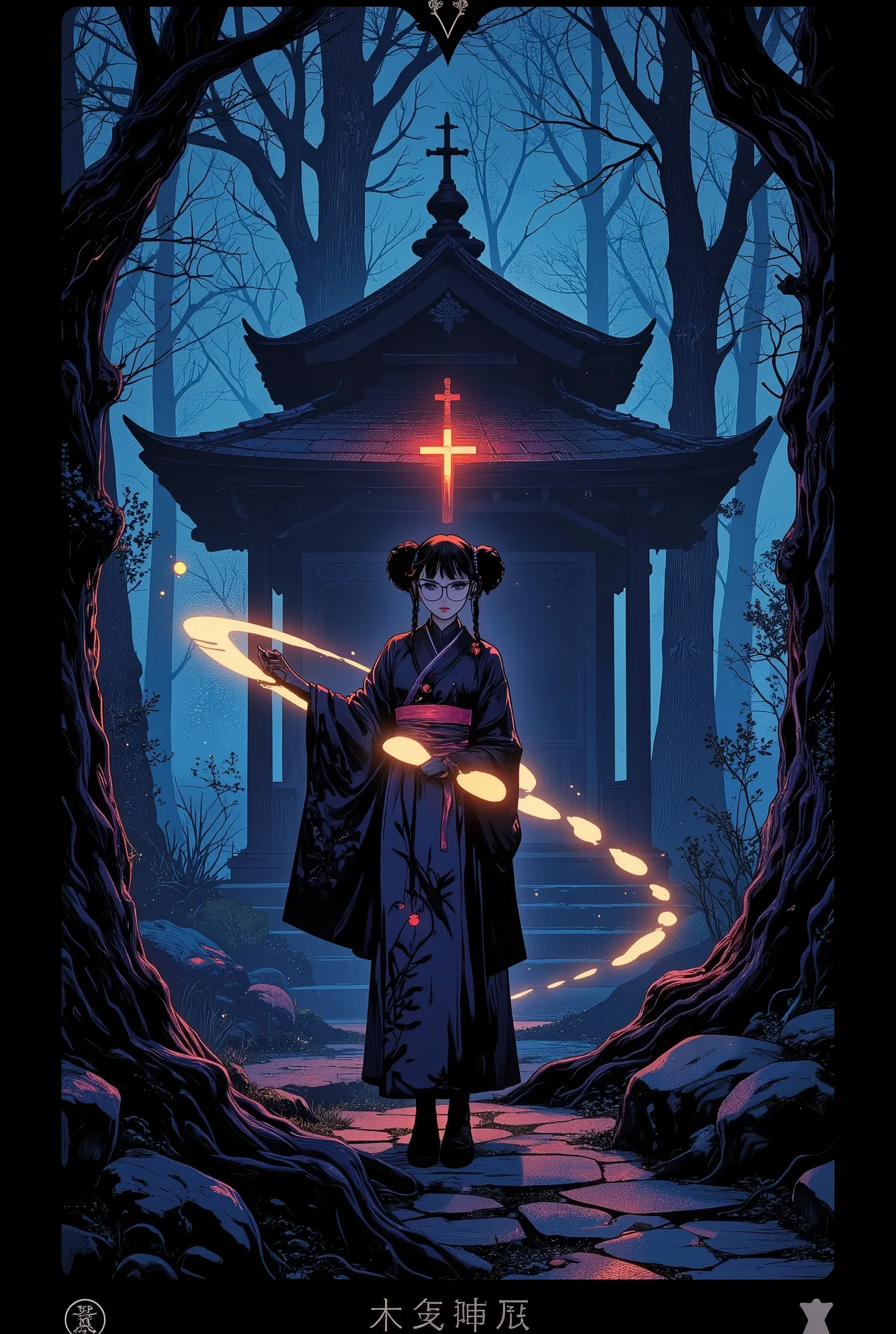 (Tarot card: 1.0), Cyberpunk hacker nerd girl in priest's robes standing in dark forest, Japanese girl, violet eyes、glasses, poufy twin tails、encircling tree々Vines、Multiple symbols floating around、一貫して pattern化された作品、In the center background is a translucen...