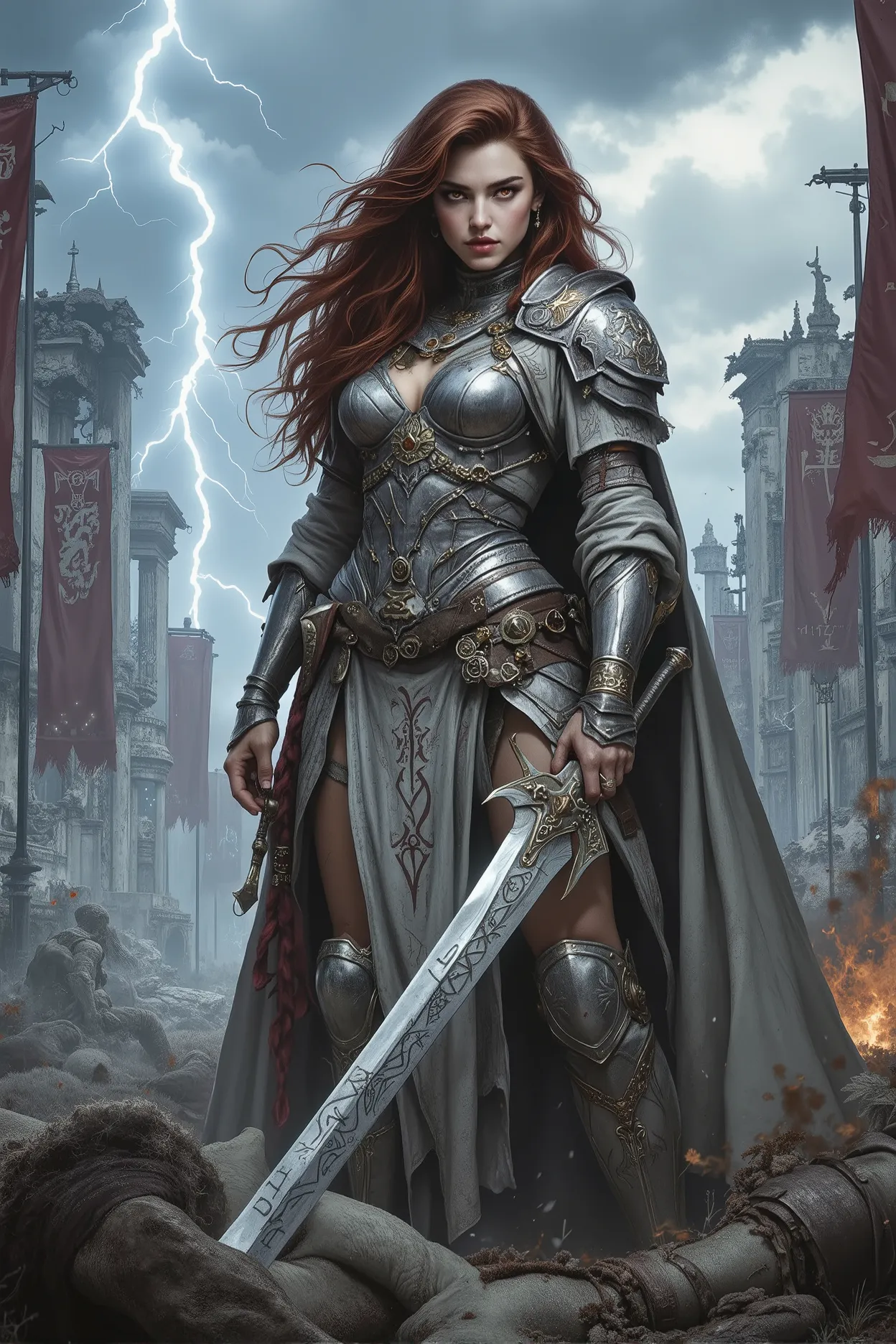 (best quality,4k,8k,highres,masterpiece:1.2), ultra-detailed, (realistic,photorealistic,photo-realistic:1.37),A powerful and fearless female warrior standing amidst a battlefield under stormy skies. Her silver armor is adorned with ancient runes and dragon...
