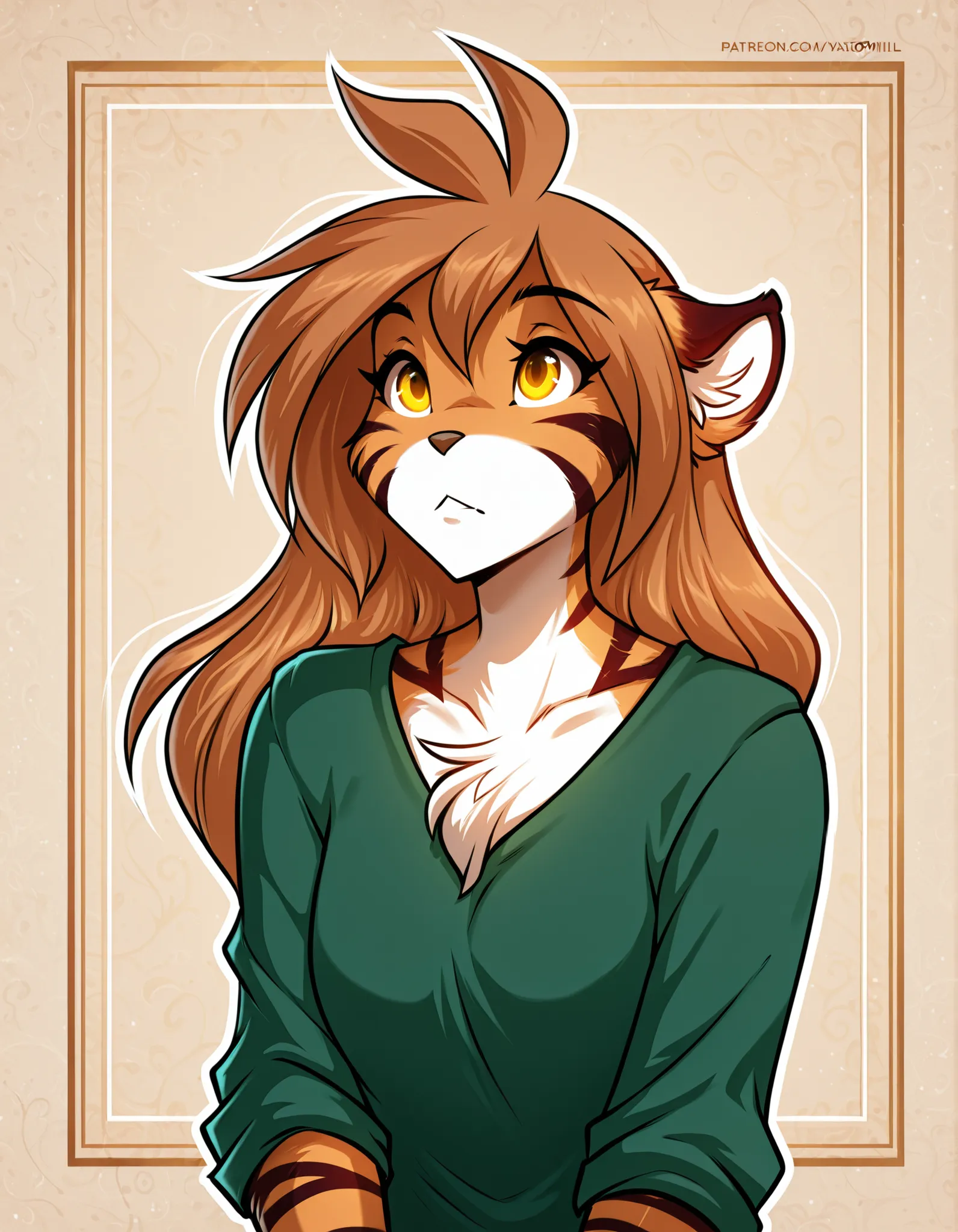 yasmil,, masterpiece, best quality, very aesthetic, 1girl,, furry, solo, flora-twokinds, flora_twokinds,, tiger, striped fur, keidran, yellow eyes, anthro,, green shirt
