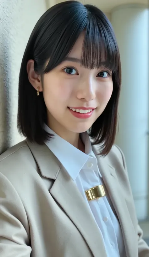Neat Young Woman、and look at the camera、office lady suit、jacket、shirt、necklace、ear piercing、smile showing teeth、背景はオフィス
