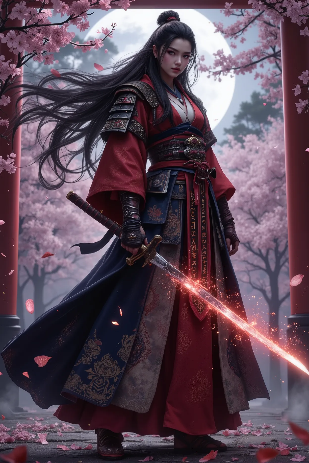 (best quality,4k,8k,highres,masterpiece:1.2), ultra-detailed, (realistic,photorealistic,photo-realistic:1.37), A fearless Japanese female warrior in traditional crimson and indigo battle kimono reinforced with ornate samurai armor. She wields a glowing kat...
