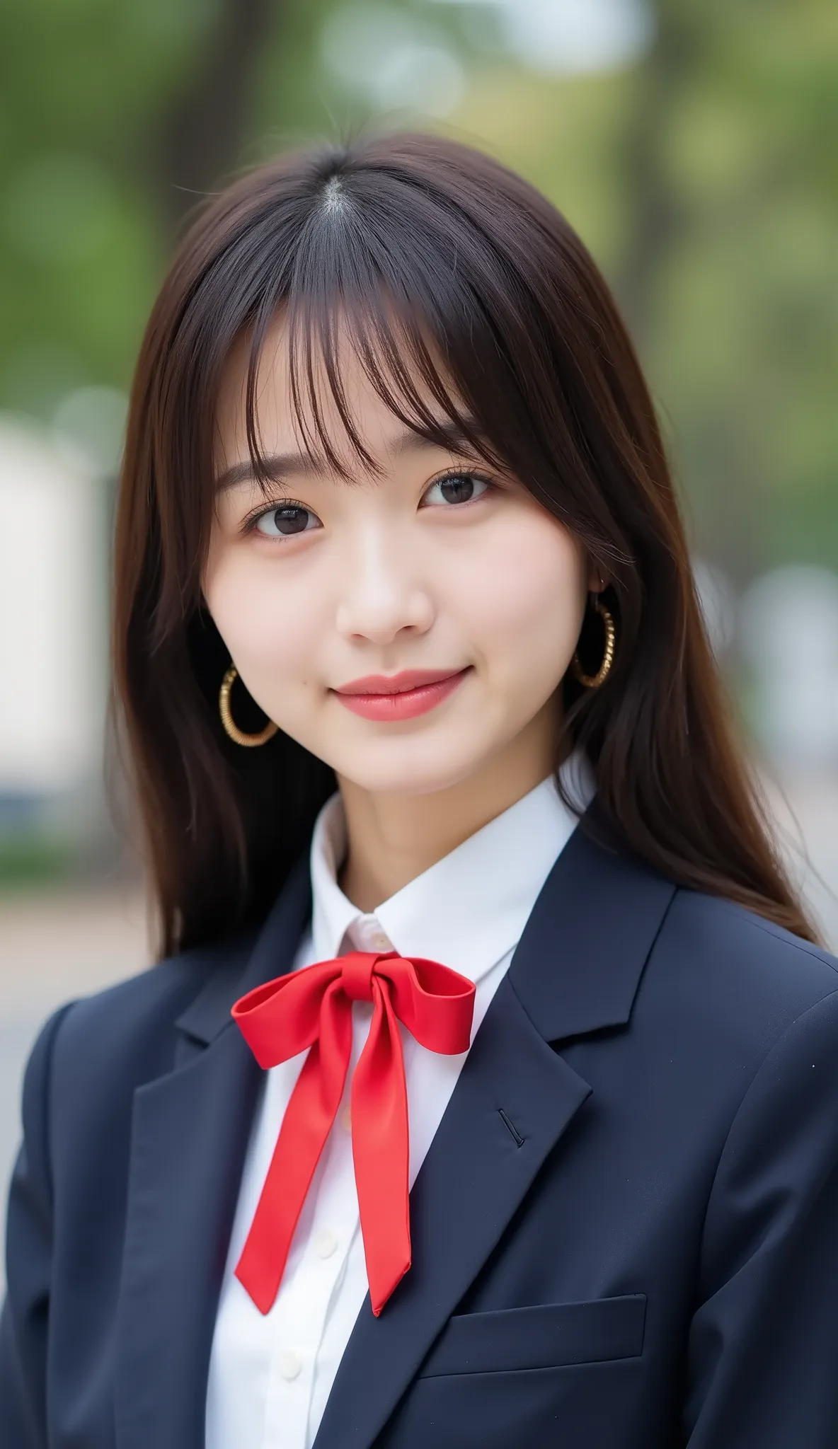 high school girl、 1 Pretty Woman、Japanese Idol、droopy eyes、Tear Mole、has a charming cute smile、Ideal proportions、high school girl、navy blue blazer、White Shirt、red ribbon bow tie、Small neck slanted 、schools、masterpiece、Highest Quality、Ultra HD、Extreme Resol...