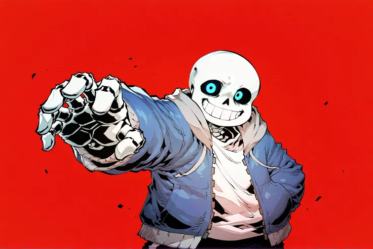 sans \(undertale\),,expressive shiny blue eyes,flat simple red background,8k,maximum quality,very high resolution, absurd resolution,addmicrodetails,right hand stretched out to catch the viewer,Rage expression,ssambatea artstyle,smile,standing to fight,wid...