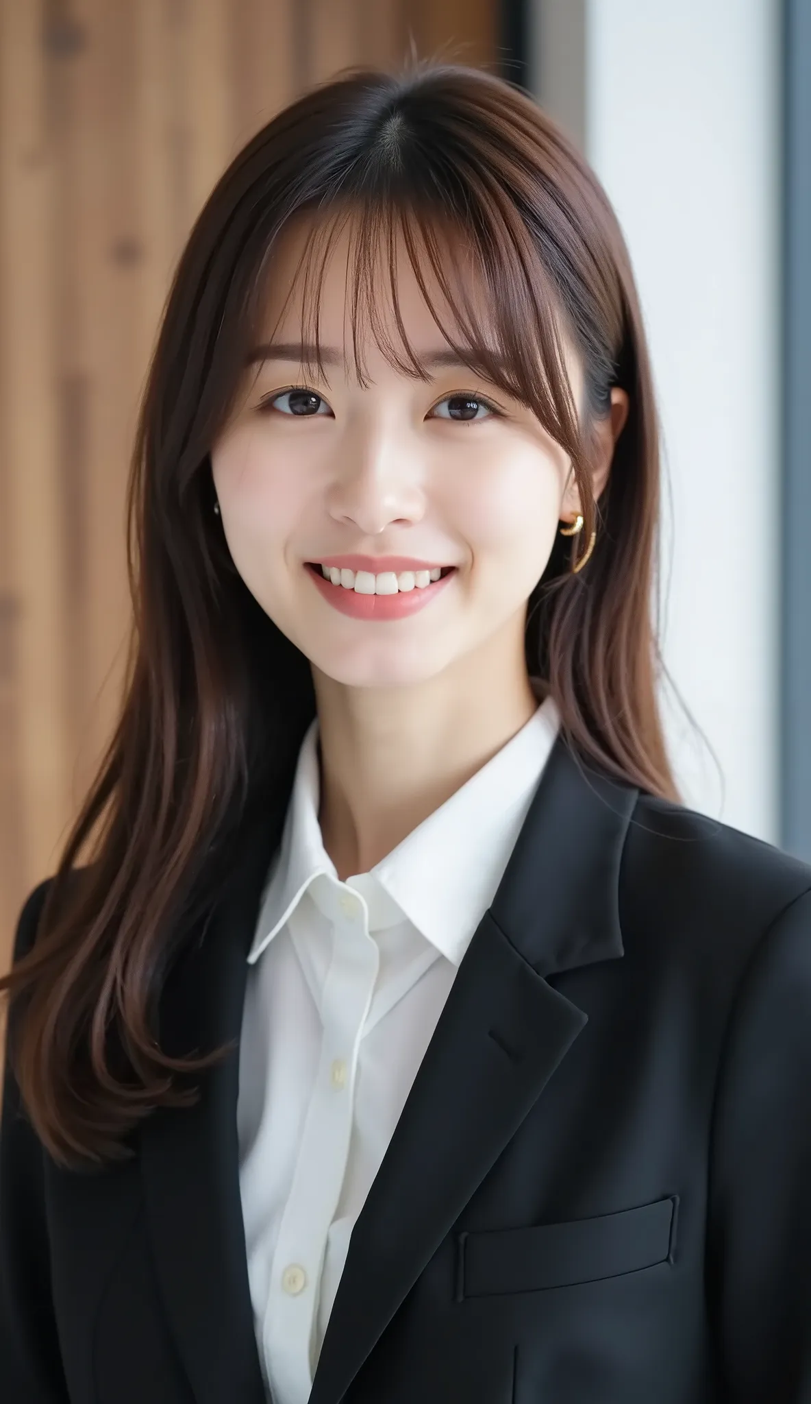 Neat Young Woman、and look at the camera、office lady suit、jacket、shirt、necklace、ear piercing、薄い茶髪、smile showing teeth、背景はオフィス

