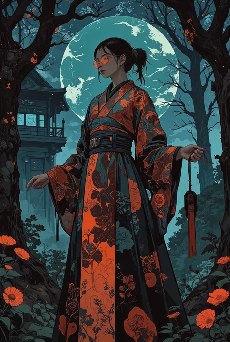 (Tarot card: 1.0), Cyberpunk hacker nerd girl in priest's robes standing in dark forest, Japanese girl, violet eyes、glasses, poufy twin tails、encircling tree々Vines、Multiple symbols floating around、一貫して pattern化された作品、In the center background is a translucen...