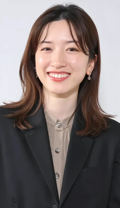 Neat Young Woman、and look at the camera、office lady suit、jacket、shirt、necklace、ear piercing、薄い茶髪、、、smile showing teeth、、background is office
